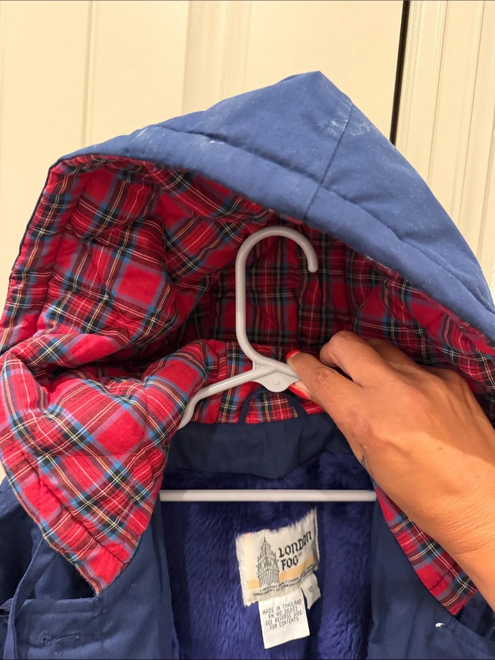 Vintage London Fog Navy Hooded Coat with Red Plaid Lining